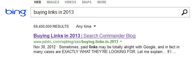 Ranks #1 on Bing for "Buying Links in 2013"