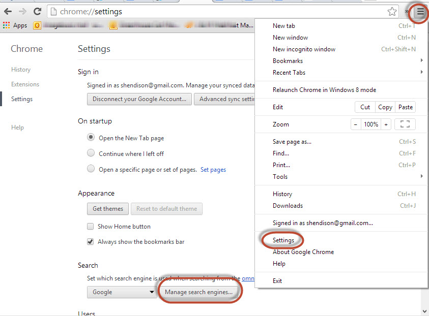 Google Chrome Settings menu