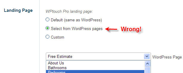 WP Touch setting letting you pick a specific landing page